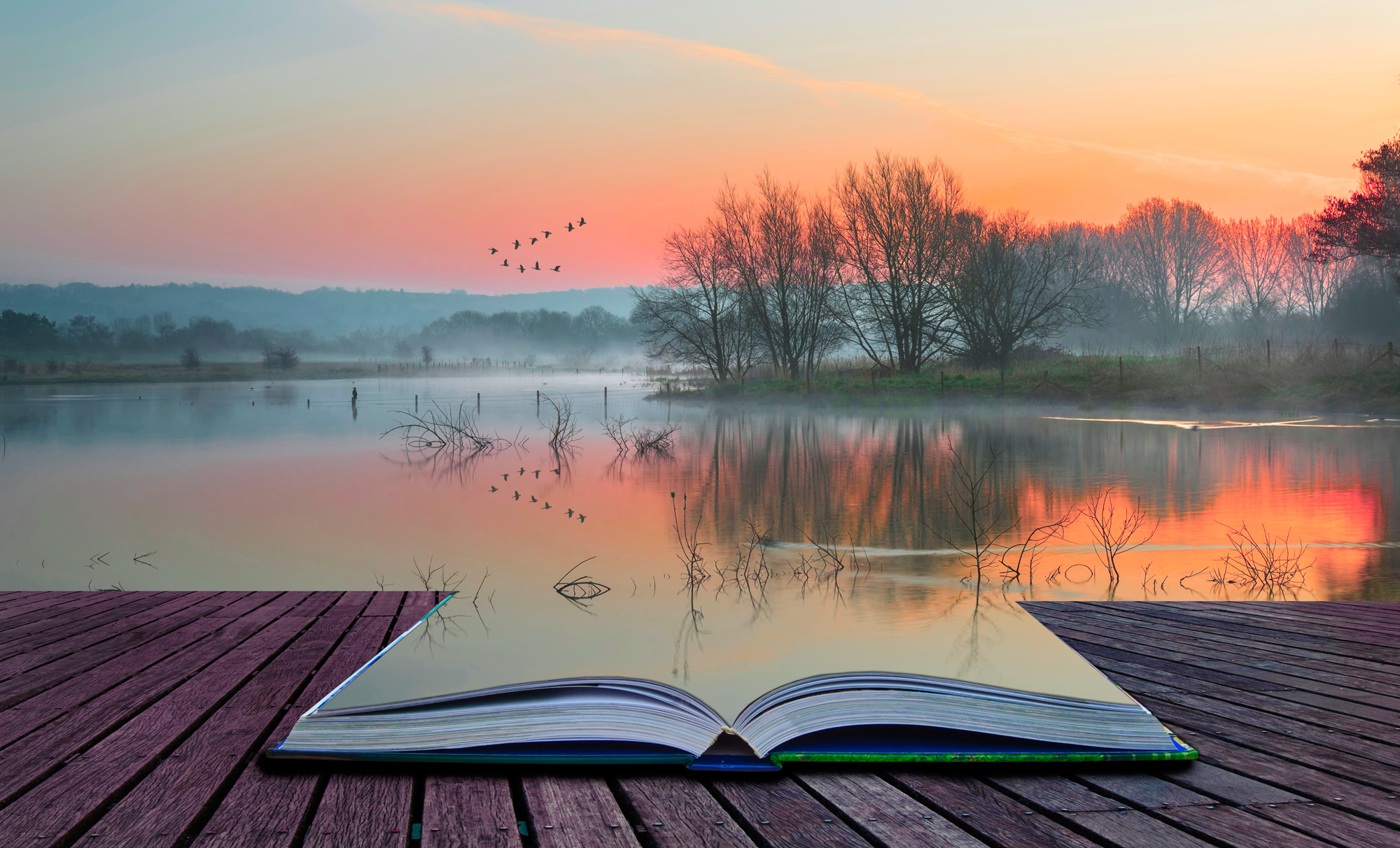 an open book on a wooden deck merges seamlessly with the lake in the background and a sunset sky